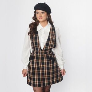 Unique vintage Button Front Plaid Pinafore Dress